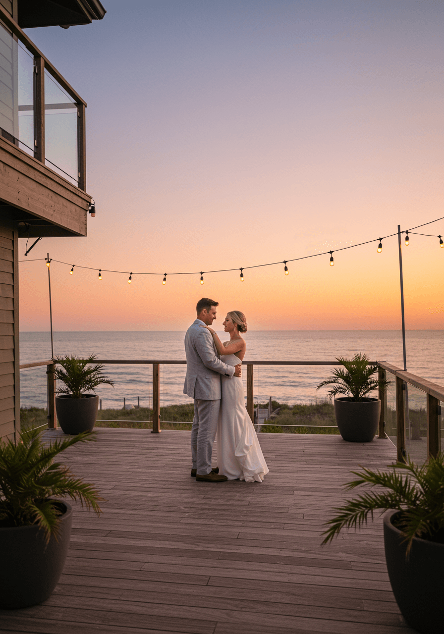 Close-up of couple dancing on seaside deck with string lights and coral sunset sky reflecting on ocean