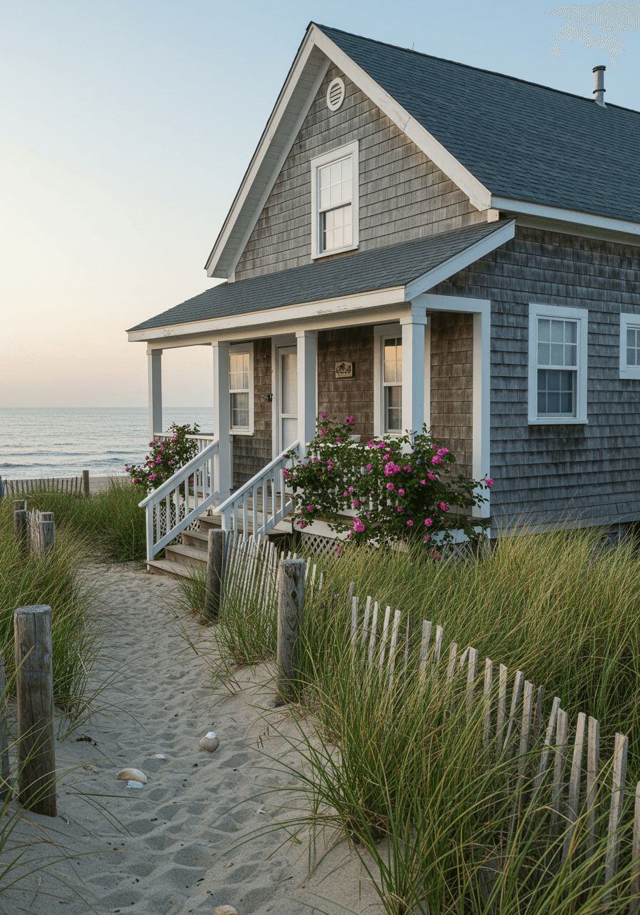 Charming coastal cottage with blue-grey shingles nestled among tall beach grass overlooking ocean during soft morning light