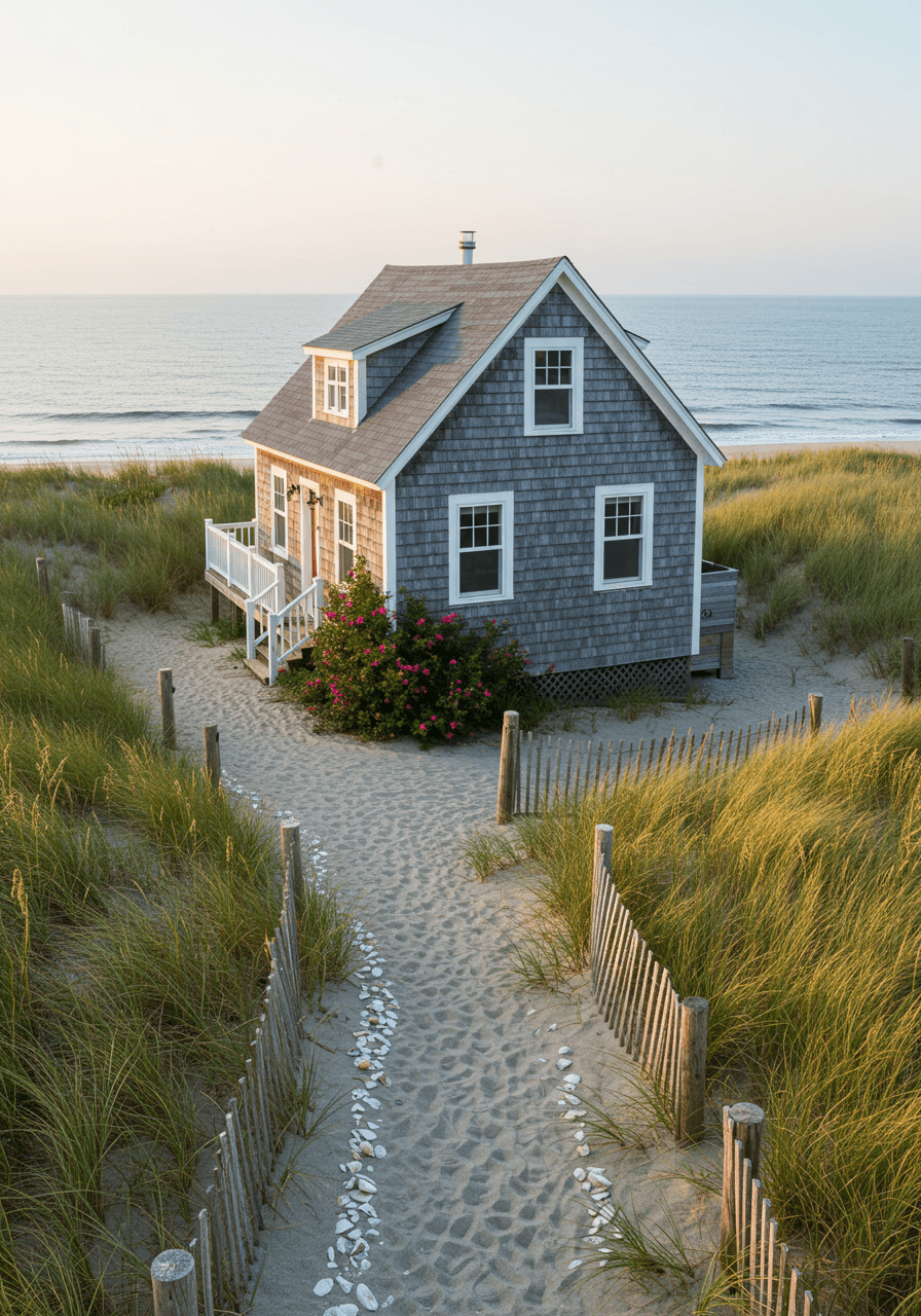 Weathered beach cottage with white trim and climbing roses surrounded by natural coastal landscaping