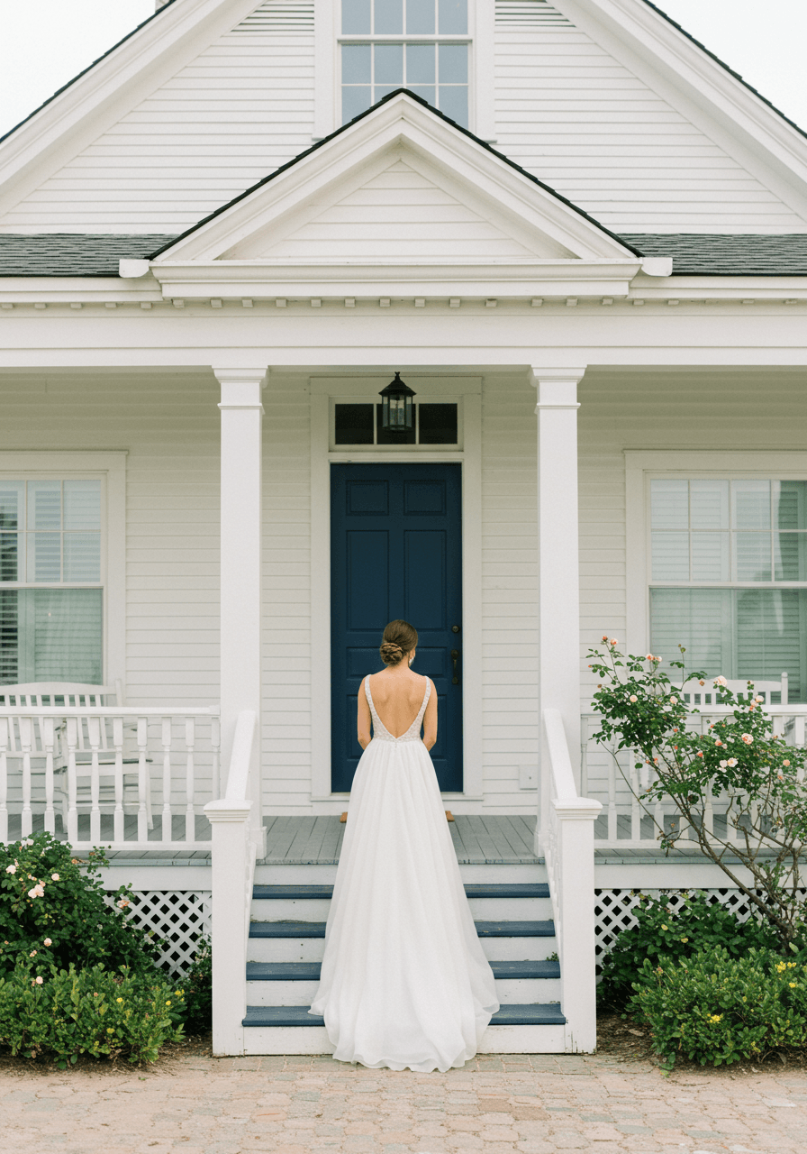 Elegant bride in flowing white gown on front steps of pristine whitewashed beach cottage with coastal architectural details