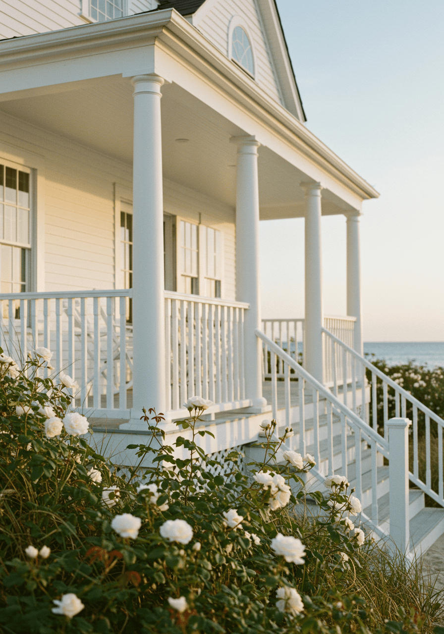 Detailed view of cottage porch with white railings, climbing roses, and classic coastal architectural elements
