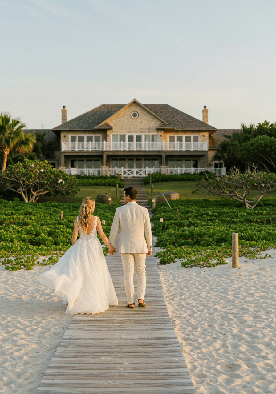 Bride and groom walking hand-in-hand on pristine private beach during golden hour with elegant oceanfront estate in background