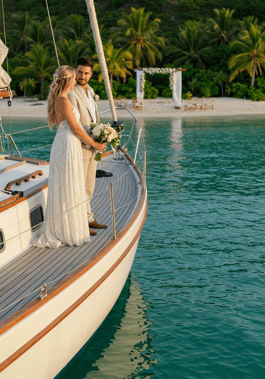 Intimate moment of couple on sailboat dock with tropical island wedding venue in background