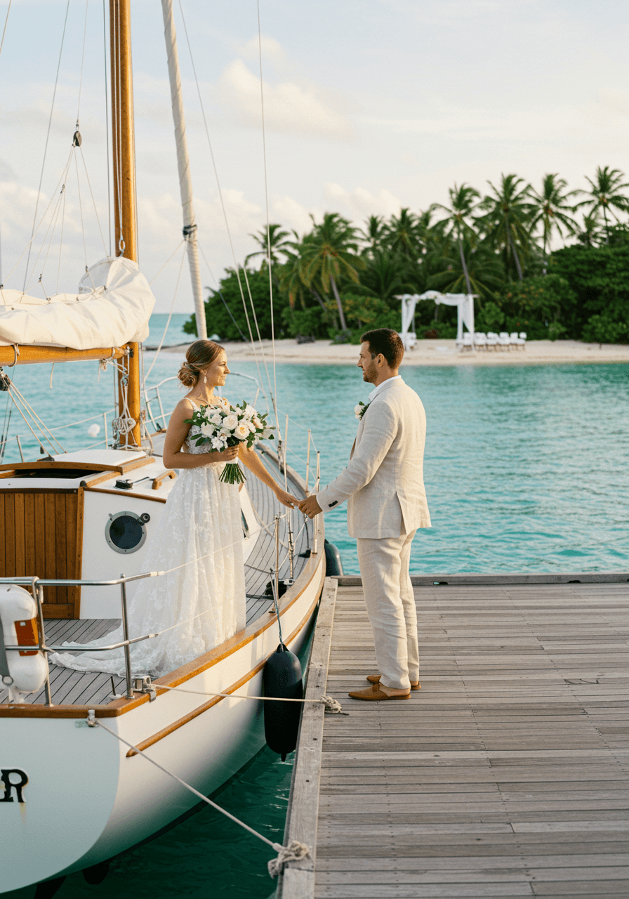 Wedding couple standing on wooden dock beside classic white sailboat with private island ceremony setup visible