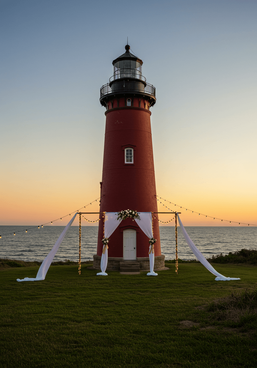 Historic red brick lighthouse decorated with string lights and flowing white draping during romantic sunset