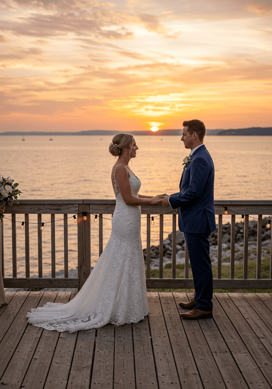 Wedding couple exchanging vows on wooden deck overlooking ocean during golden hour sunset with orange and pink sky