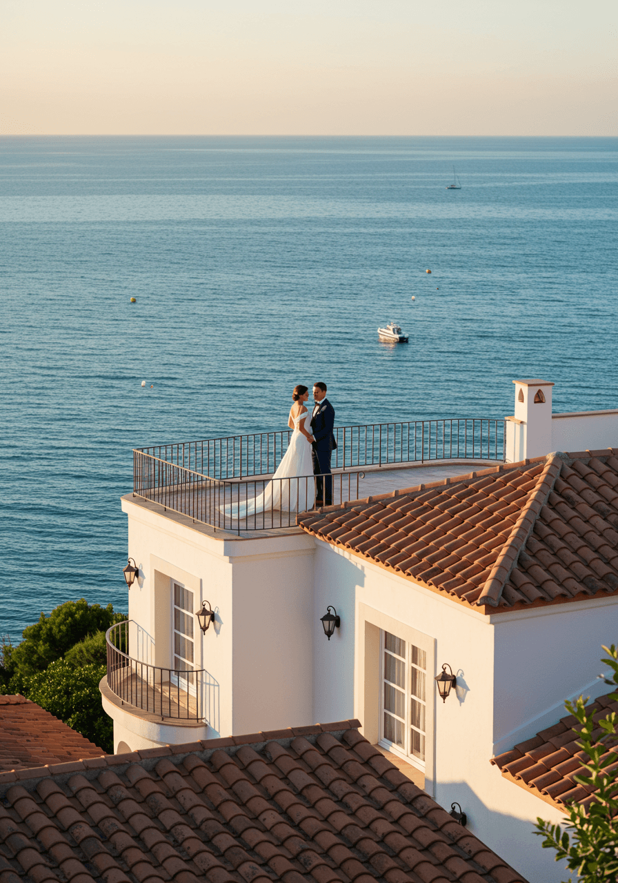 Wedding couple on wraparound terrace of whitewashed luxury seaside villa overlooking crystal blue ocean waters during golden hour