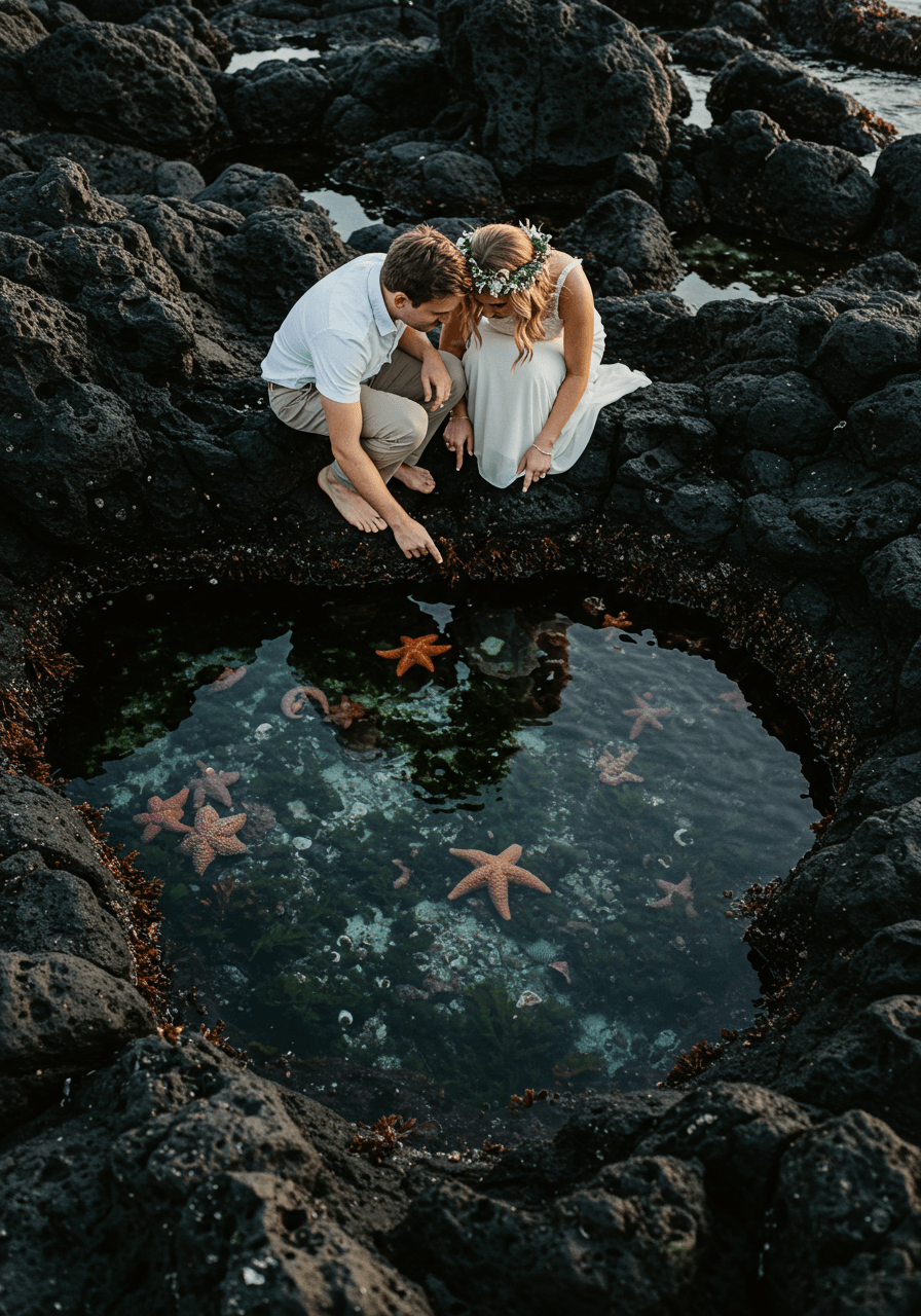 Close-up of couple discovering vibrant marine life in crystal-clear tide pools during coastal wedding photography