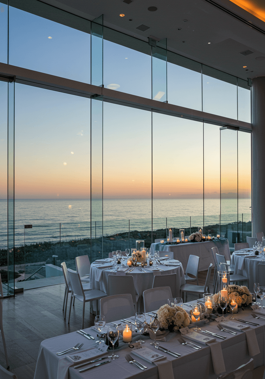 Contemporary glass beach house wedding reception with massive windows revealing coastal landscape during sunset