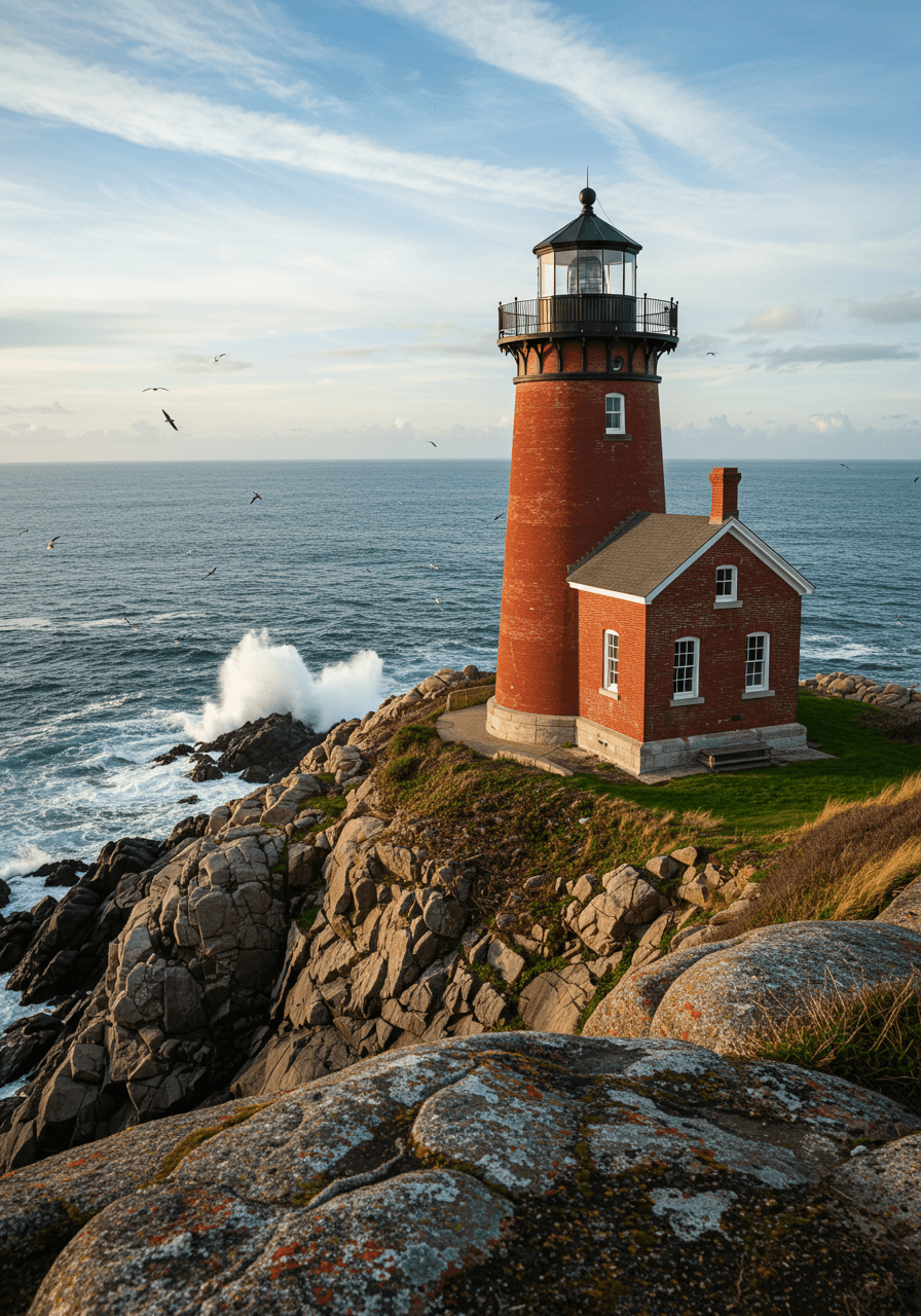 Historic lighthouse architectural details with weathered brick texture and dramatic coastal cliff backdrop