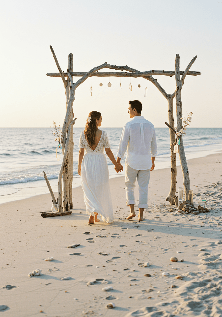 Couple in white linen walking on pristine beach with driftwood archway during golden hour sunset