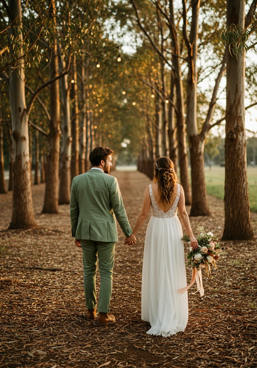 Couple walking hand-in-hand through eucalyptus grove with groom in earth-toned suit