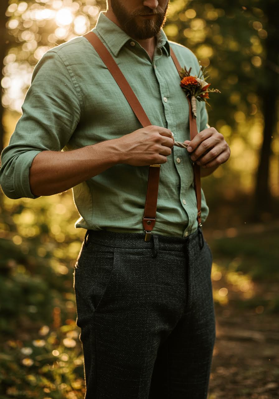 Close-up portrait of groom in earthy suspenders with forest lighting