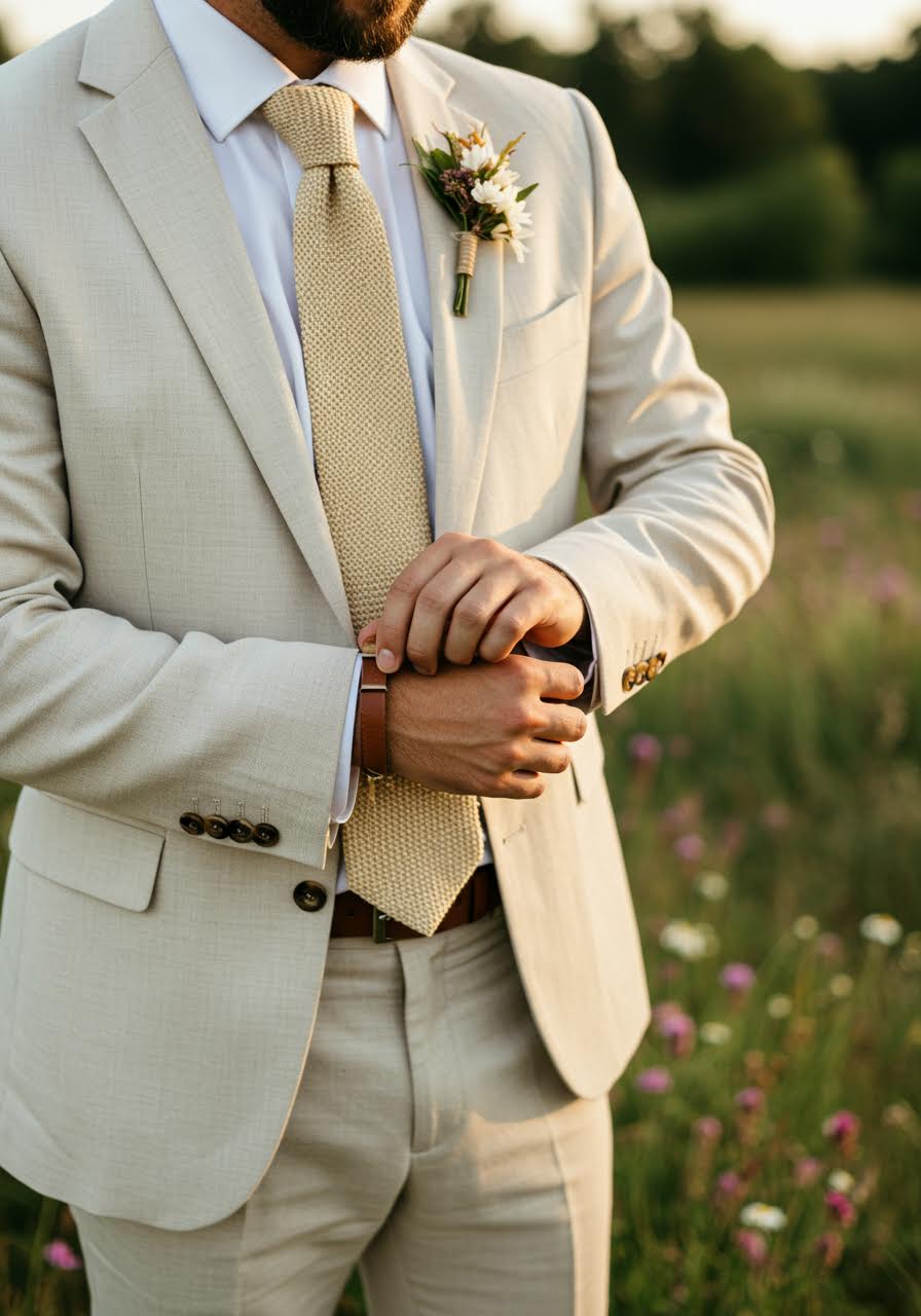 Groom adjusting hemp tie and wooden cufflinks in golden hour garden setting