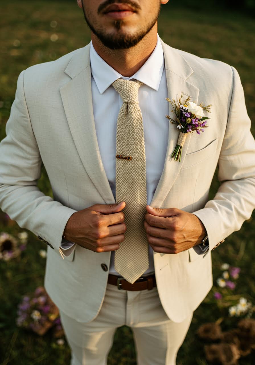 Close-up of groom smoothing suit lapel in natural garden light with hemp details