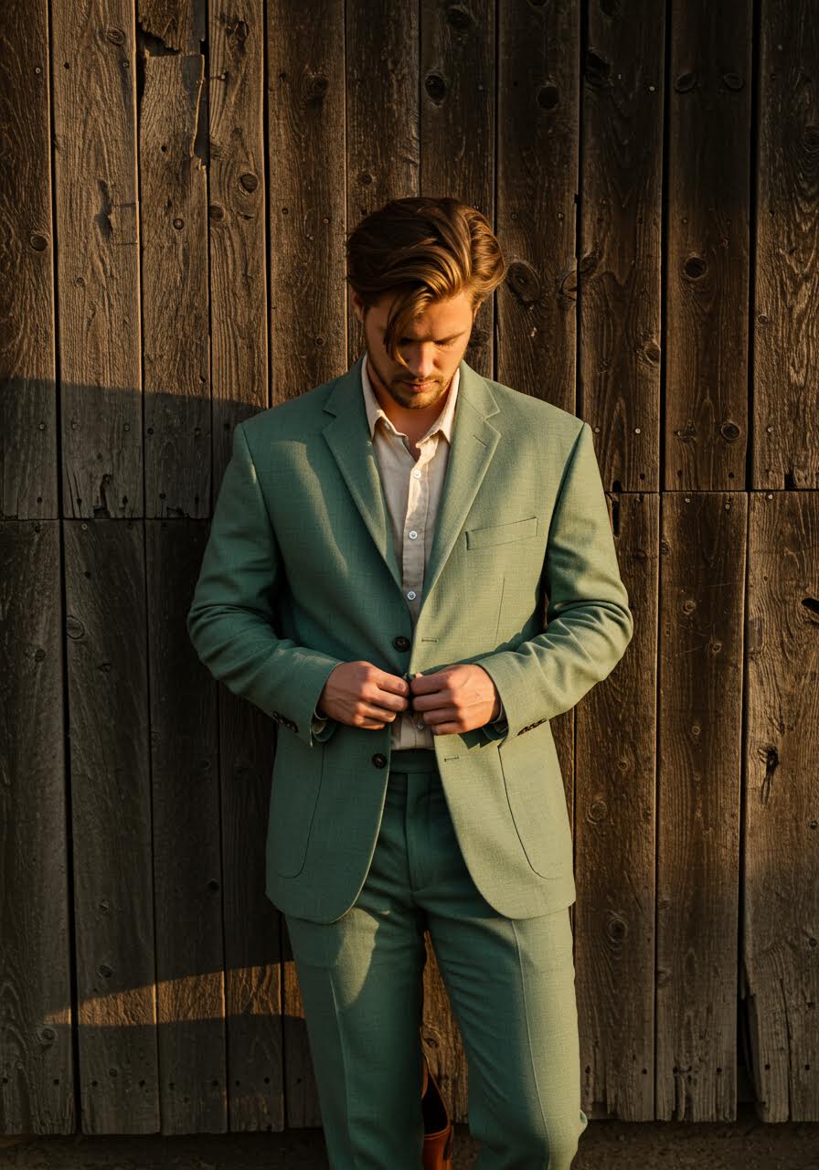 Wide shot of groom in sage blazer demonstrating flowing bohemian jacket styling