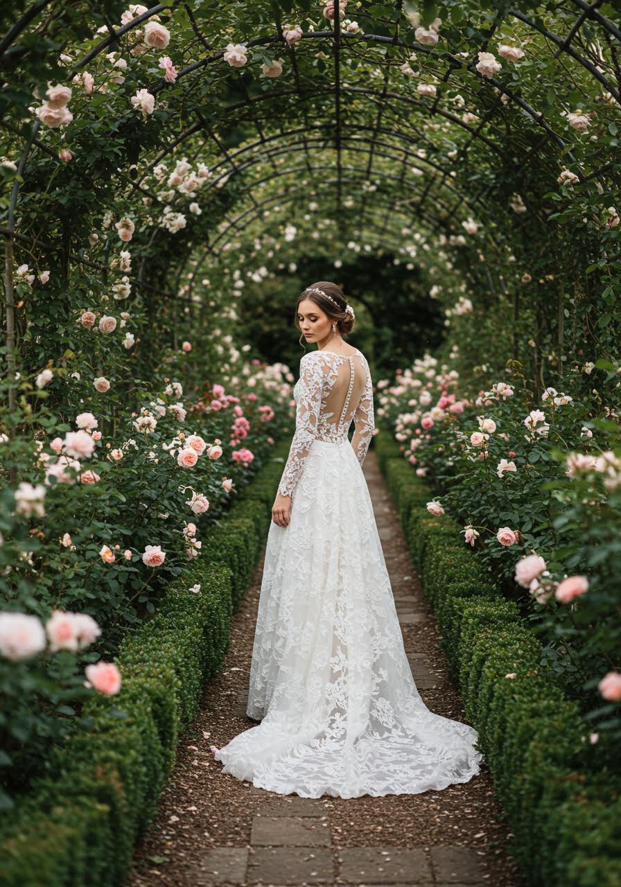 Bride wearing elegant lace A-line dress standing gracefully among blooming roses in English garden