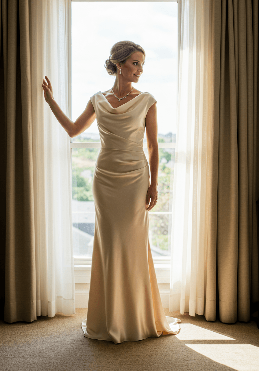 Mother of the bride in elegant champagne cowl-neck gown standing gracefully by large window