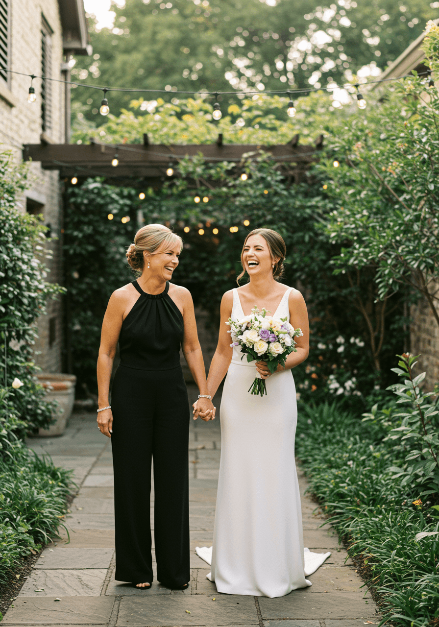 Mother and bride holding hands in garden courtyard, mother wearing black halter jumpsuit