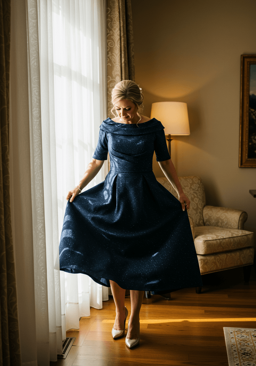 Mother of the bride in elegant navy blue sheath dress standing by hotel suite window during golden hour