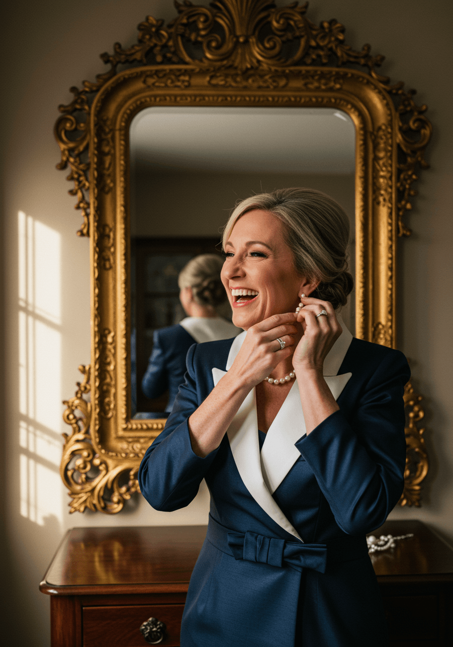 Mother of the bride in navy tuxedo dress with bow tie detail adjusting pearl earrings in vintage mirror