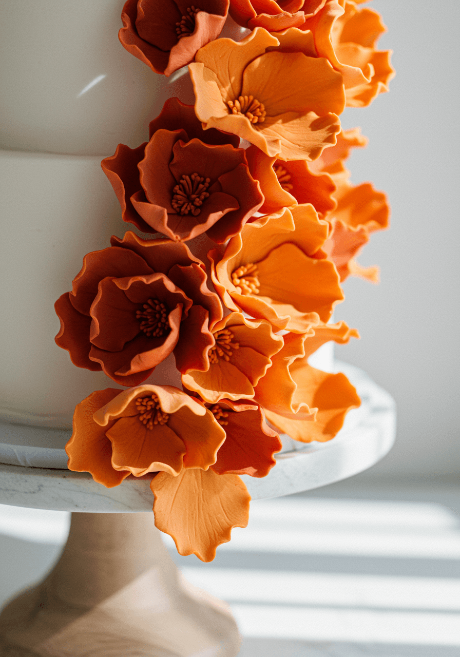 Close-up detail of handcrafted sugar flowers in burnt orange cascading down white fondant cake