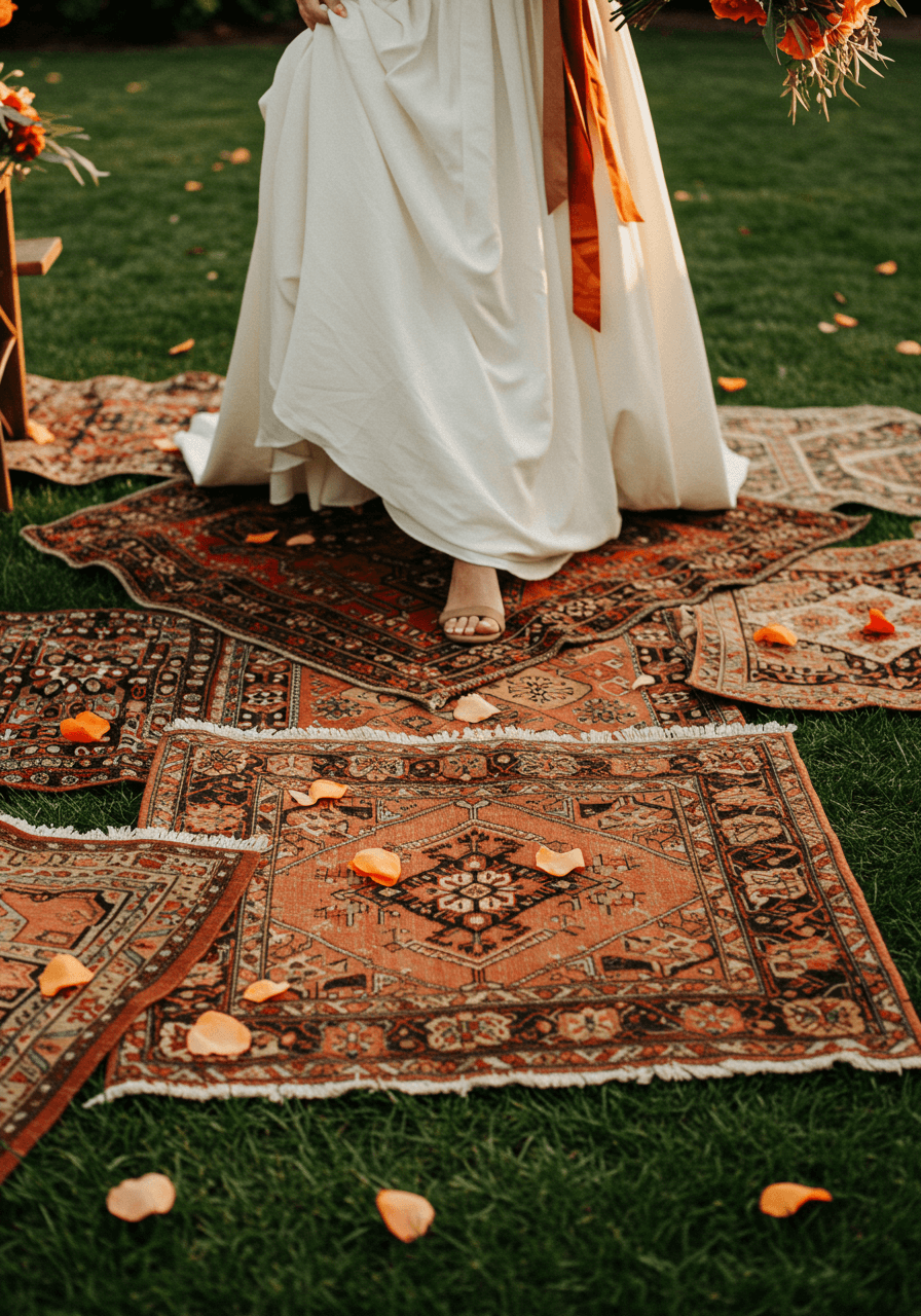 Bride with burnt orange sash stepping along layered vintage rug pathway during golden hour ceremony