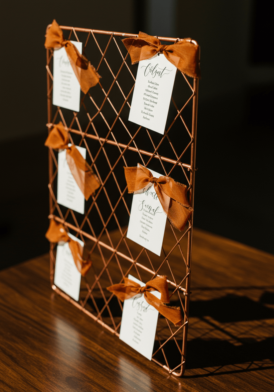 Copper wire grid display with escort cards arranged in geometric patterns on reception table