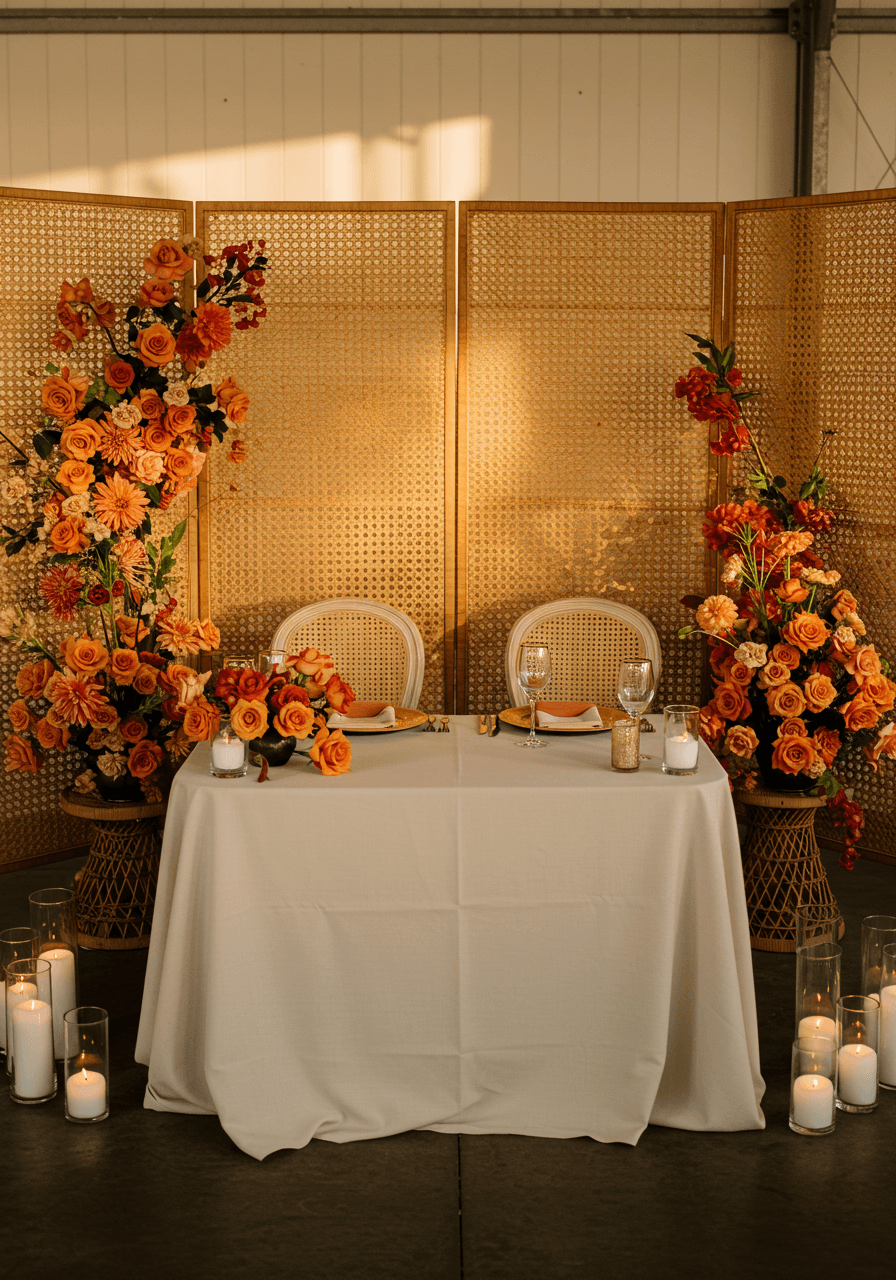 Romantic sweetheart table with burnt orange florals in front of woven rattan screen in reception space