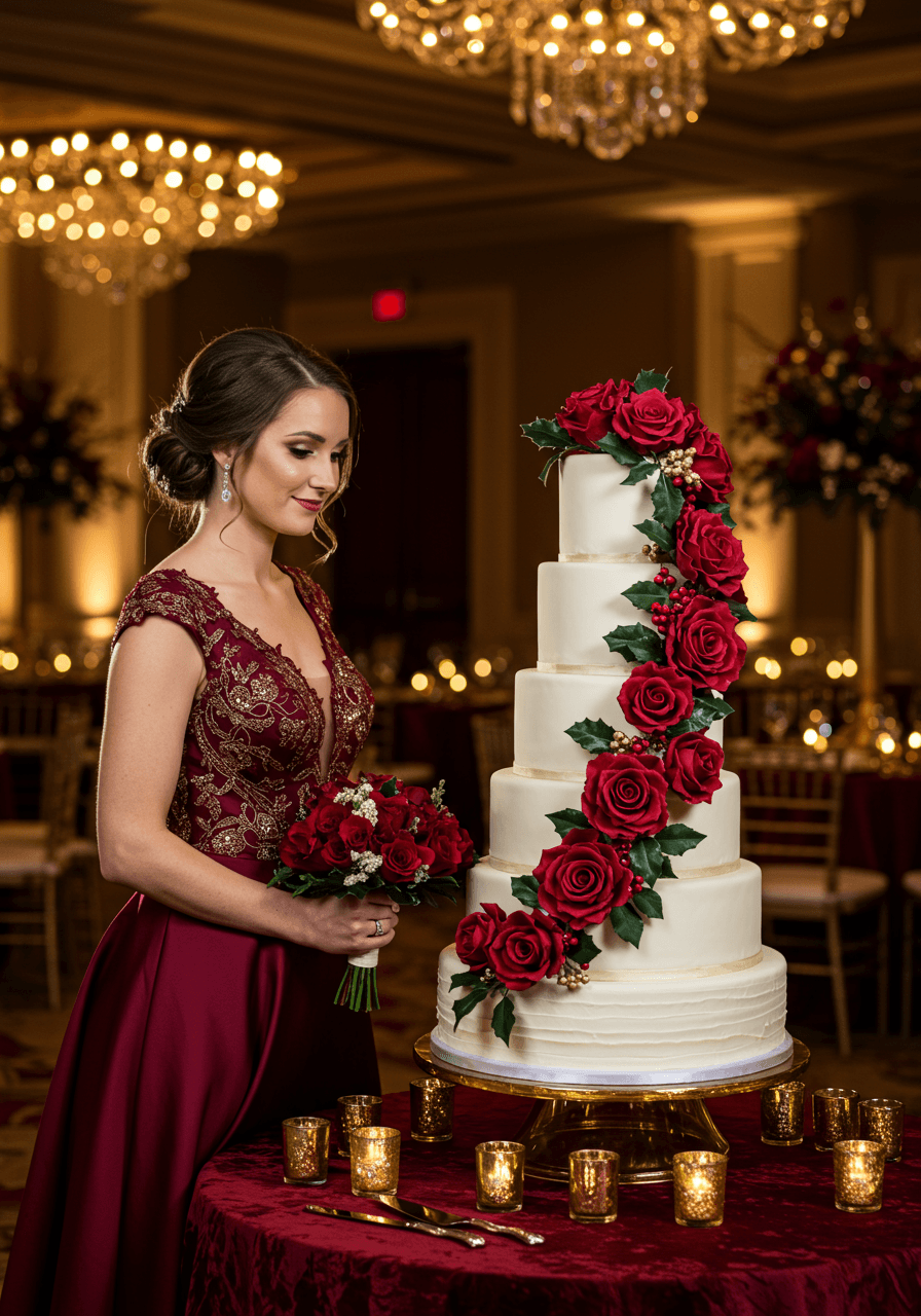 Bride in elegant crimson silk wedding gown with gold embroidery standing beside multi-tiered white wedding cake decorated with red sugar flowers and gold accents in grand hotel ballroom