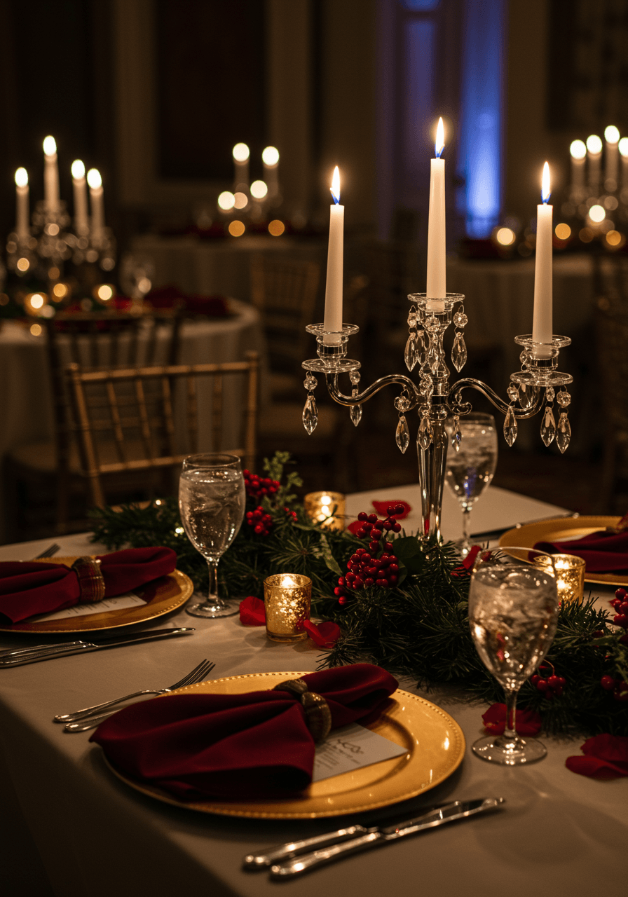 Romantic candlelit wedding table setting with crystal candelabras and Christmas decorations in elegant ballroom