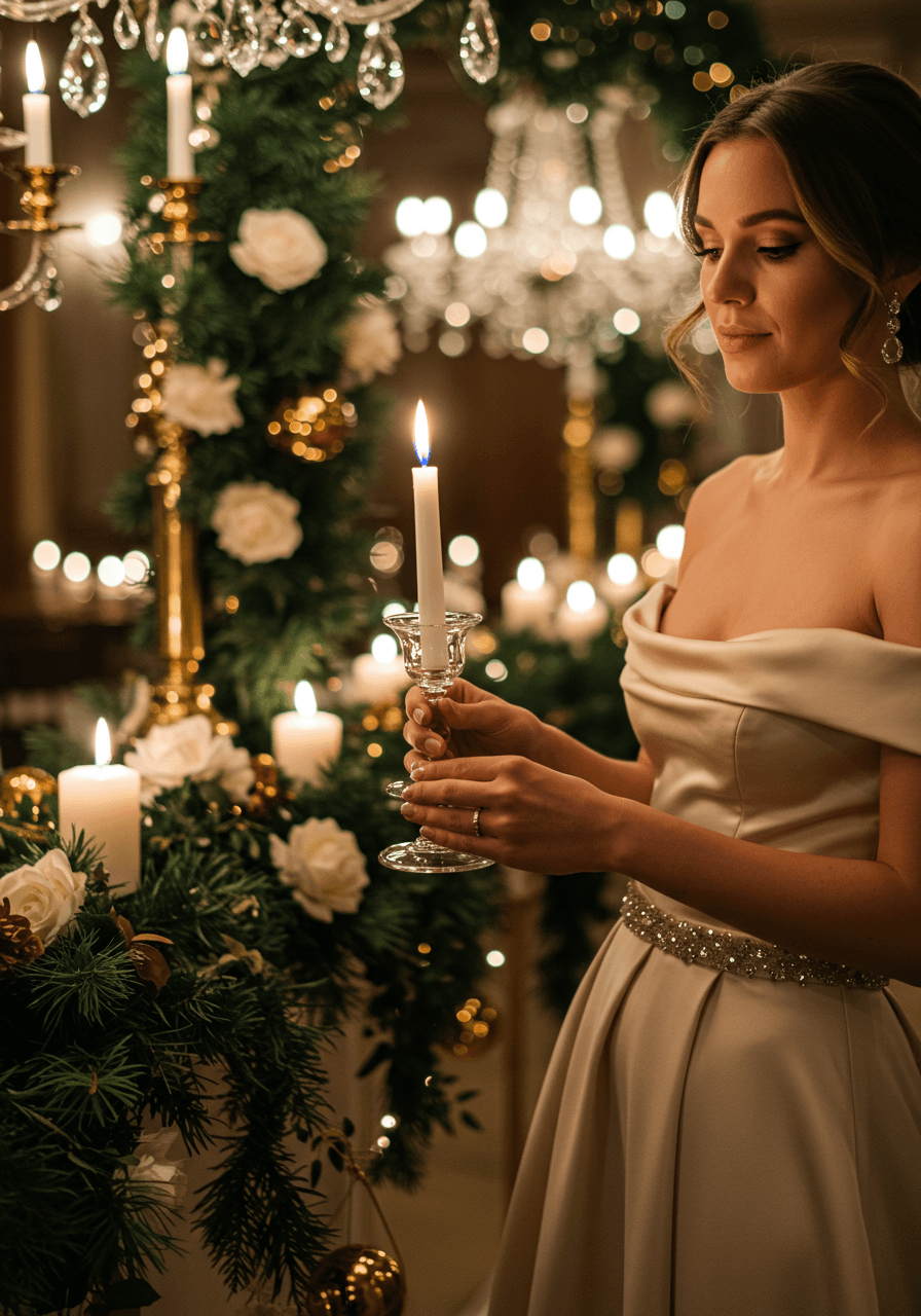 Bride holding glass candle in elegant ballroom decorated with cascading candlelit chandeliers and Christmas greenery during evening