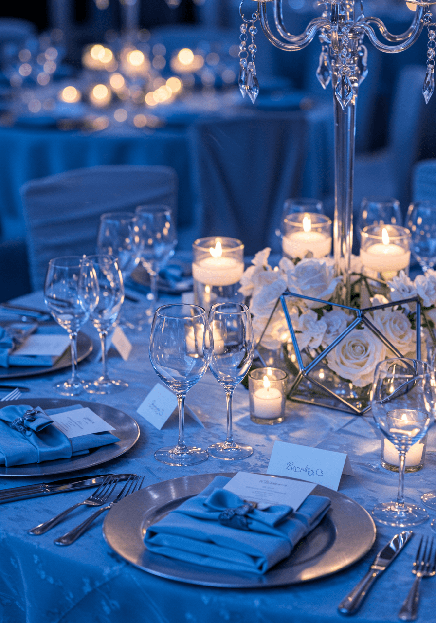 Elegant icy blue wedding table setting with crystal glassware and sparkling centerpieces in luxurious ballroom during twilight