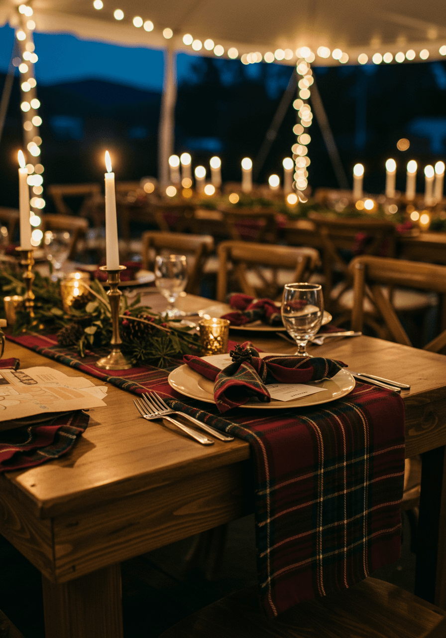 Elegant wedding tablescape with plaid runners and napkins in decorated tent with twinkling lights during evening twilight