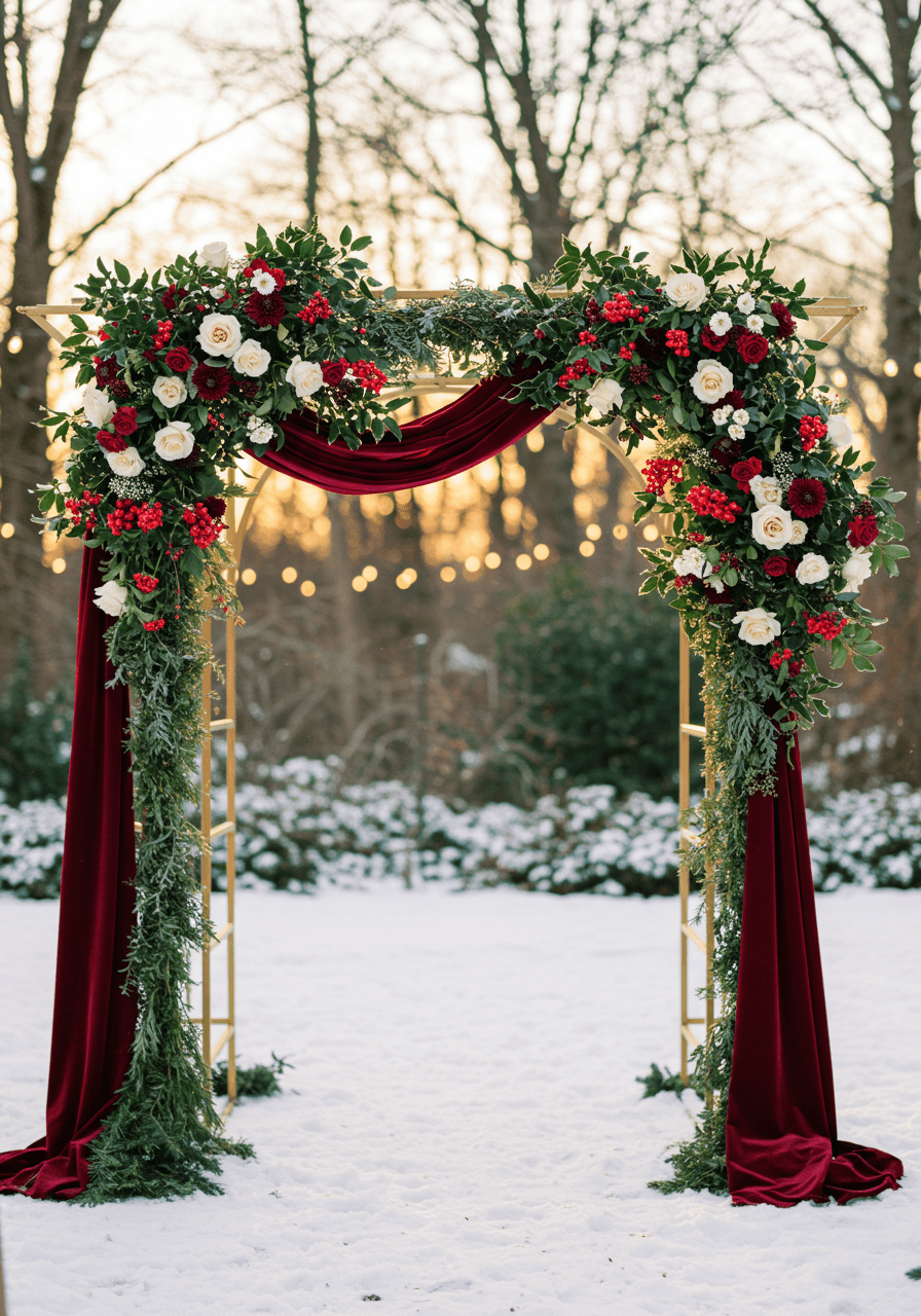 Elegant winter wedding ceremony arch with cascading red and white flowers, burgundy velvet draping, and gold painted branches in garden setting during golden hour