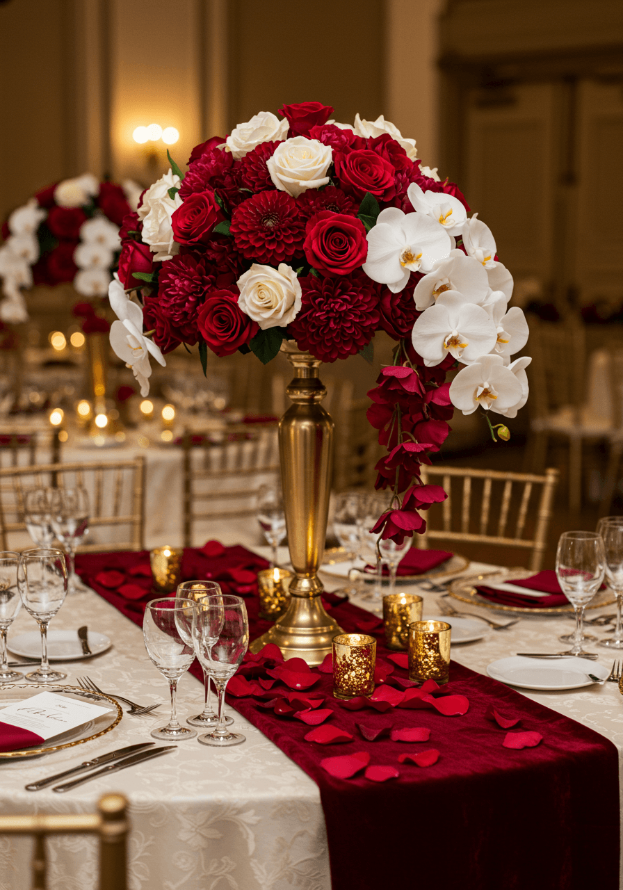 Dramatic wedding centerpiece with cascading red roses and white orchids on elegant table setting with gold-rimmed china and crystal glasses