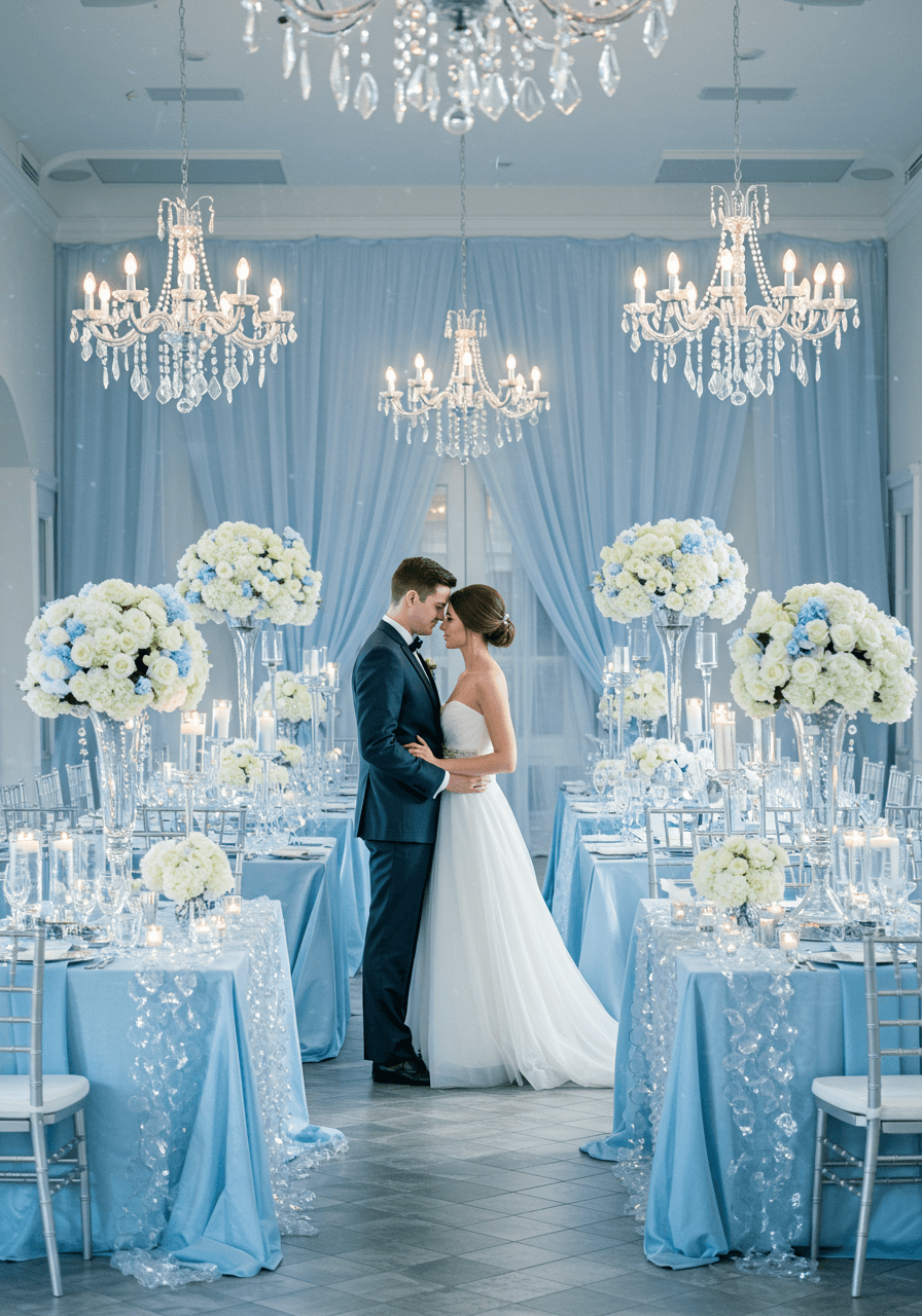 Couple exchanging vows surrounded by crystal decorations and pale blue wedding elements in luxurious setting