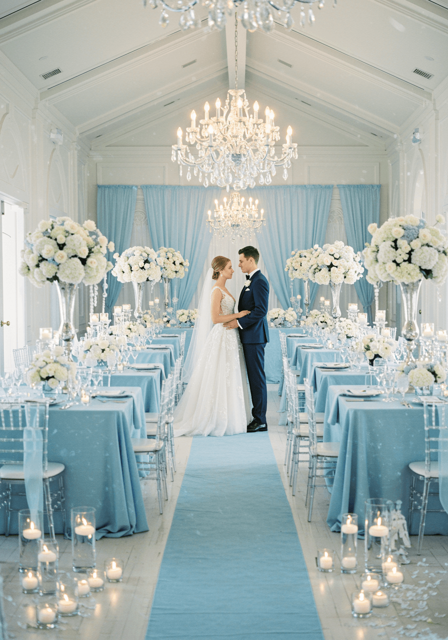 Bride and groom in elegant winter wedding ceremony space with icy blue linens and crystalline centerpieces during bright afternoon