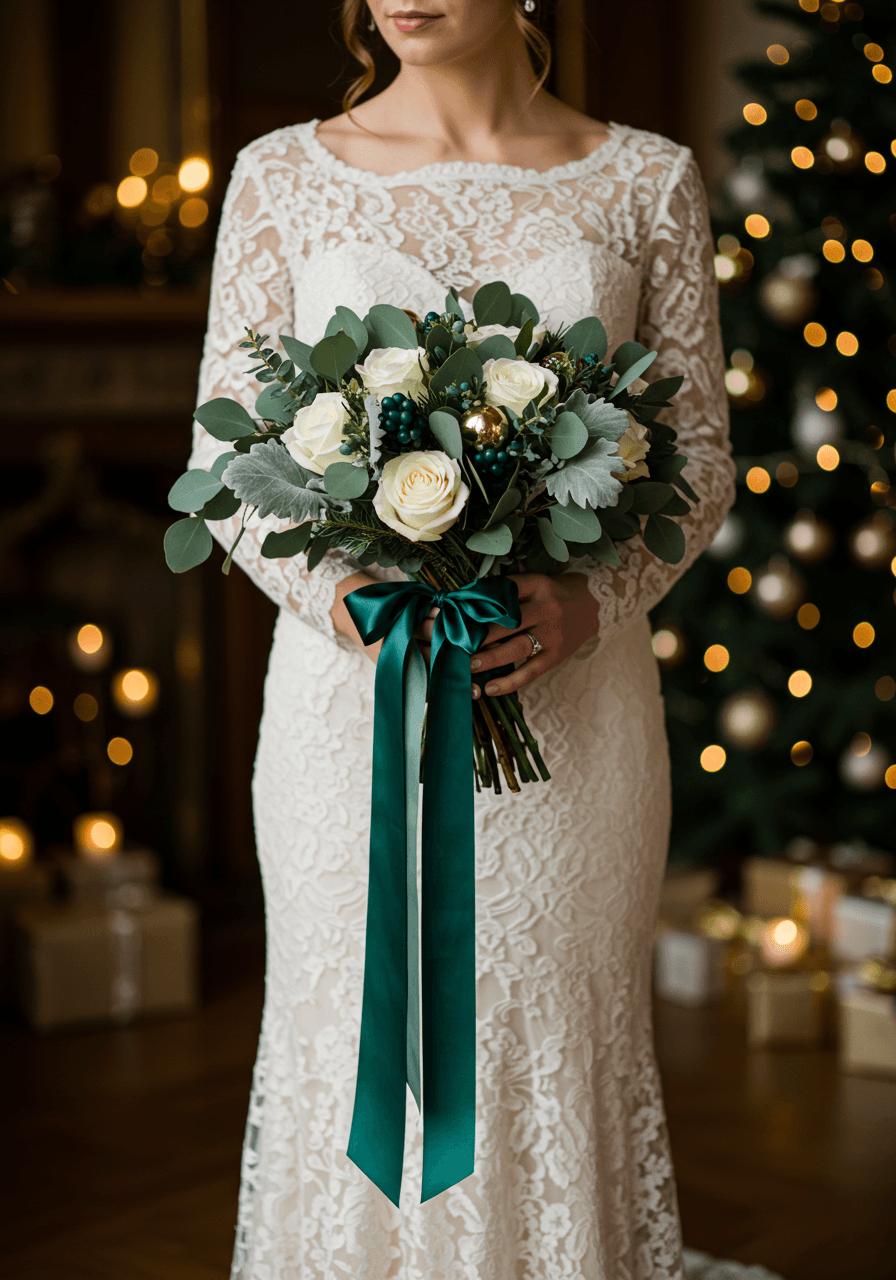 Bride holding elegant bridal bouquet with deep emerald eucalyptus, white winter blooms, and gold accents in luxurious holiday-decorated indoor setting