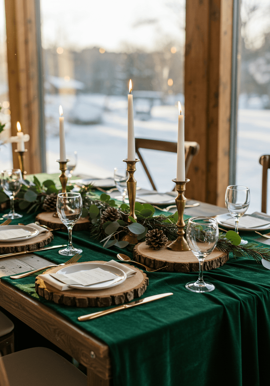 Wedding reception table with forest green velvet runners and natural wooden centerpieces in elegant venue with winter scenery views