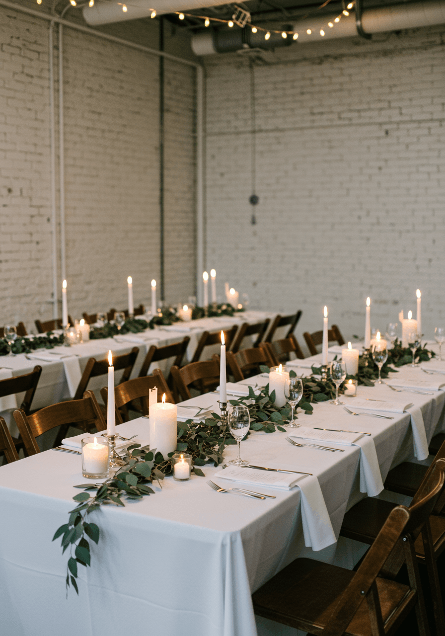 Clean white table setting with simple florals in modern loft venue with industrial architectural details
