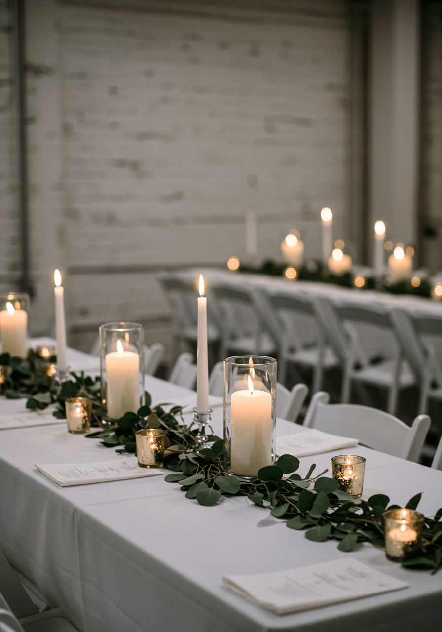 Minimalist white wedding tablescape with single candles and eucalyptus sprigs in contemporary loft space with exposed white brick