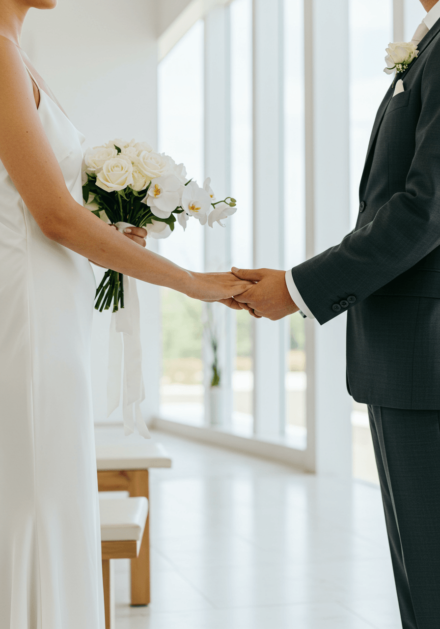 Intimate hand exchange moment in minimalist white chapel with clean architectural lines and natural lighting