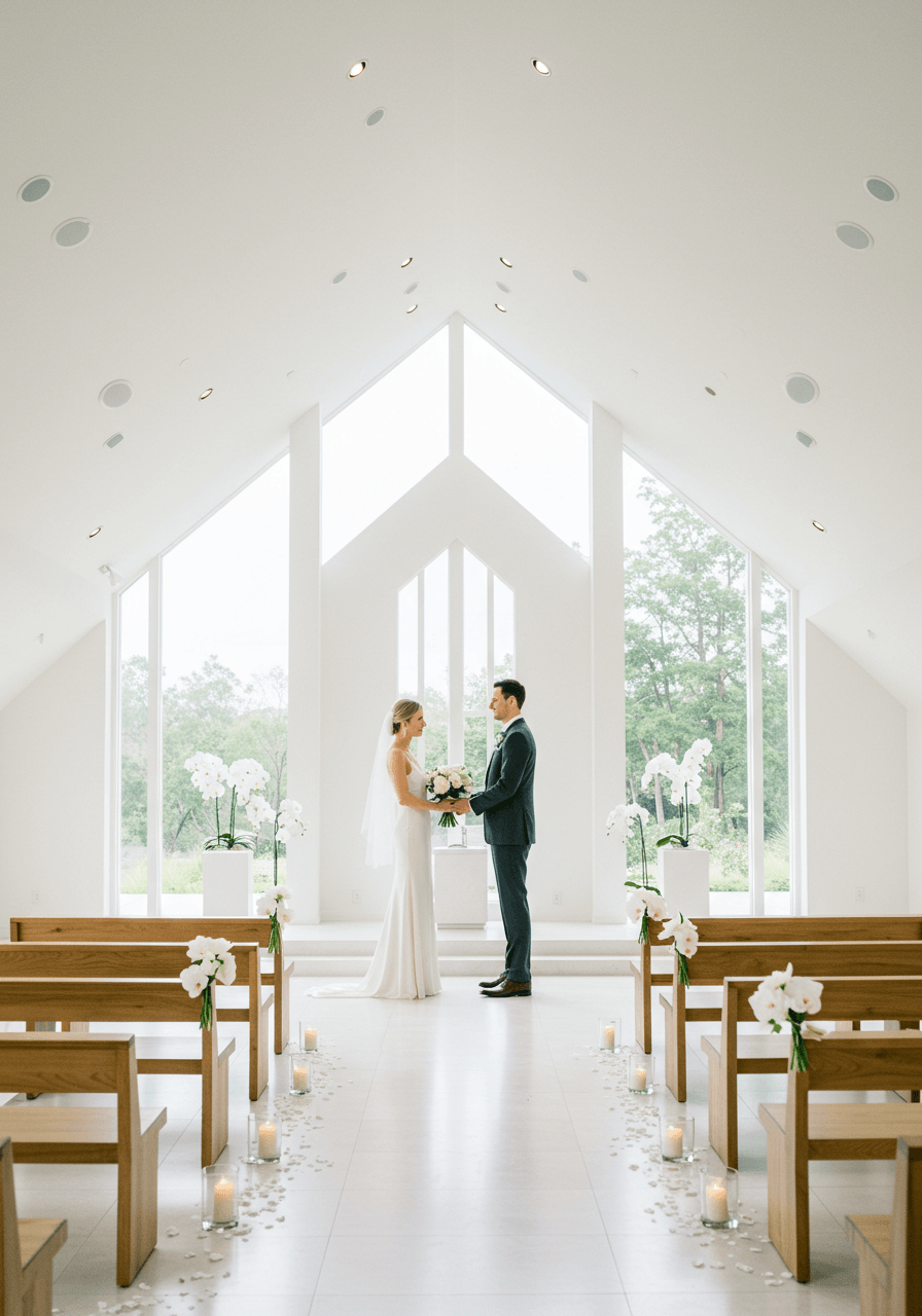 Bride and groom exchanging vows in stark white modern chapel with geometric lines and floor-to-ceiling windows during soft daylight
