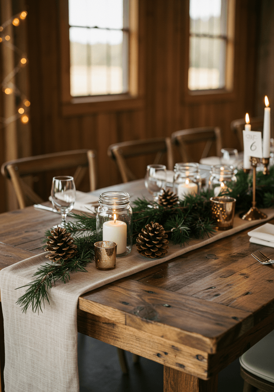 Rustic farm table wedding tablescape with pine cone centerpieces, garland runners, and mason jar candles in charming barn venue during golden hour