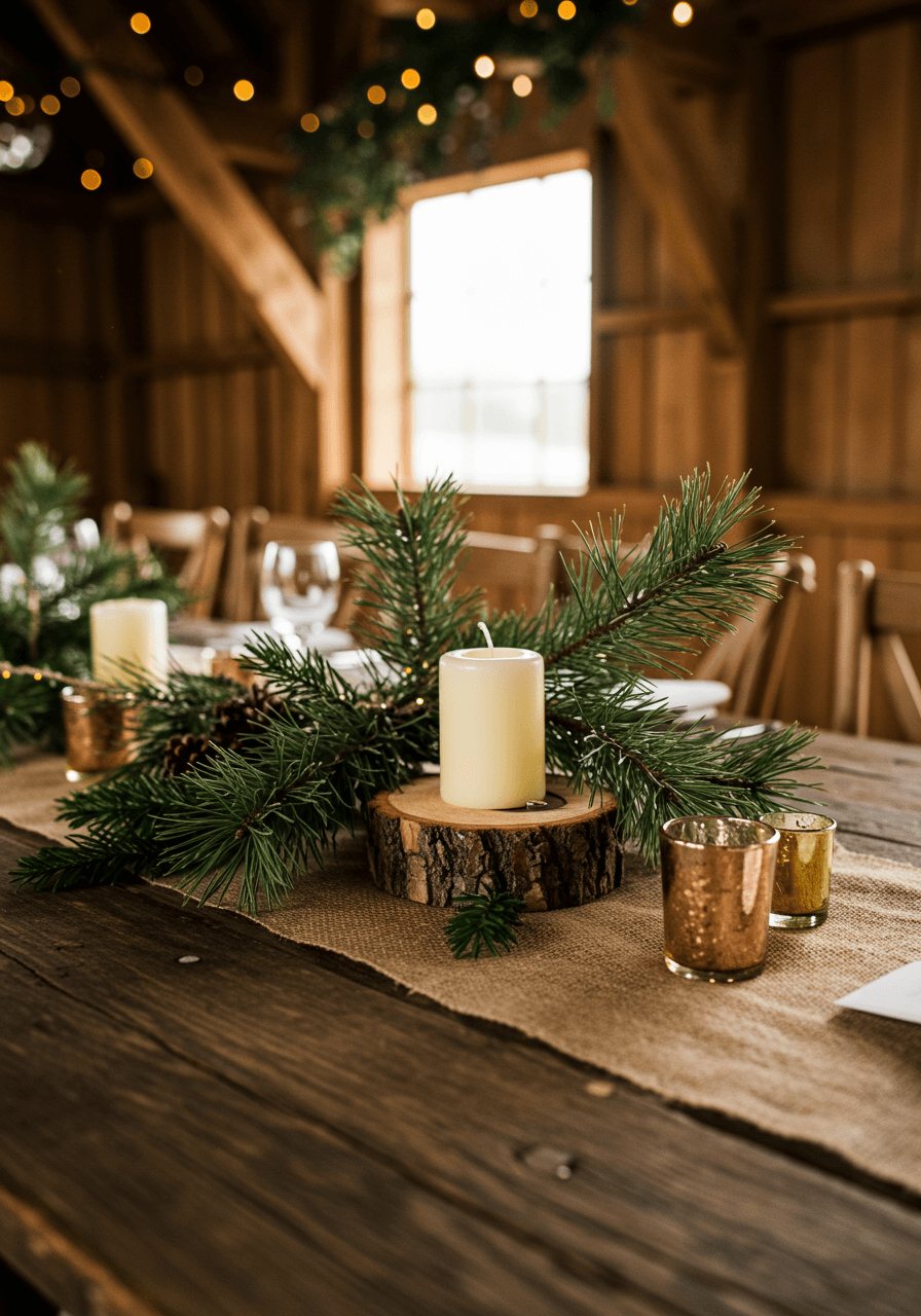 Rustic wooden wedding reception table decorated with pine branch centerpieces and burlap runners in cozy barn venue with golden hour lighting through windows