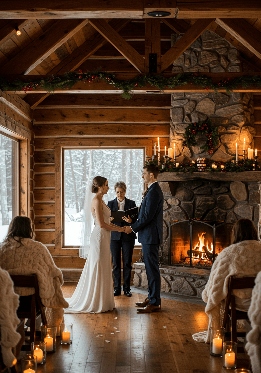Bride and groom exchanging vows in rustic log cabin with exposed wooden beams and stone fireplace during snowy winter afternoon