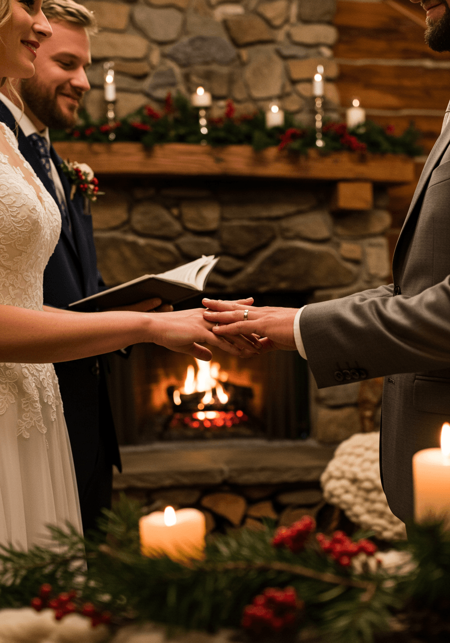 Intimate cabin wedding ceremony with wooden beams, stone fireplace, and cozy winter decorations