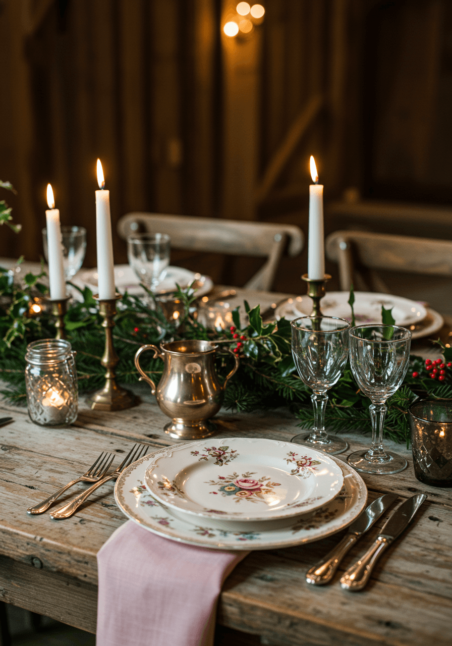 Wedding tablescape featuring vintage floral china, antique silver cutlery, and crystal goblets on weathered wooden table in rustic barn with Christmas greenery