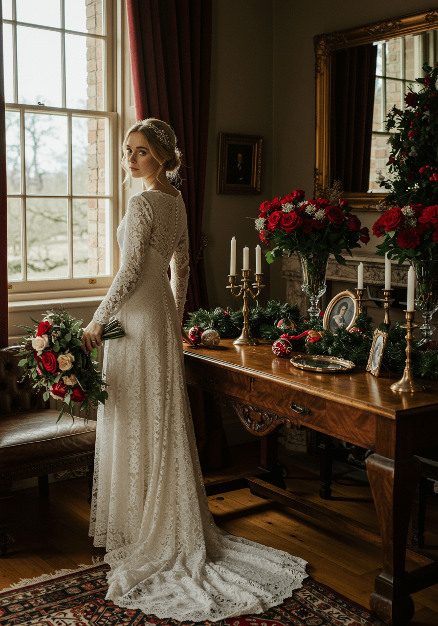 Bride in vintage ivory lace wedding dress with pearl buttons beside ornate mahogany table decorated with brass candlesticks and Christmas ornaments in historic manor